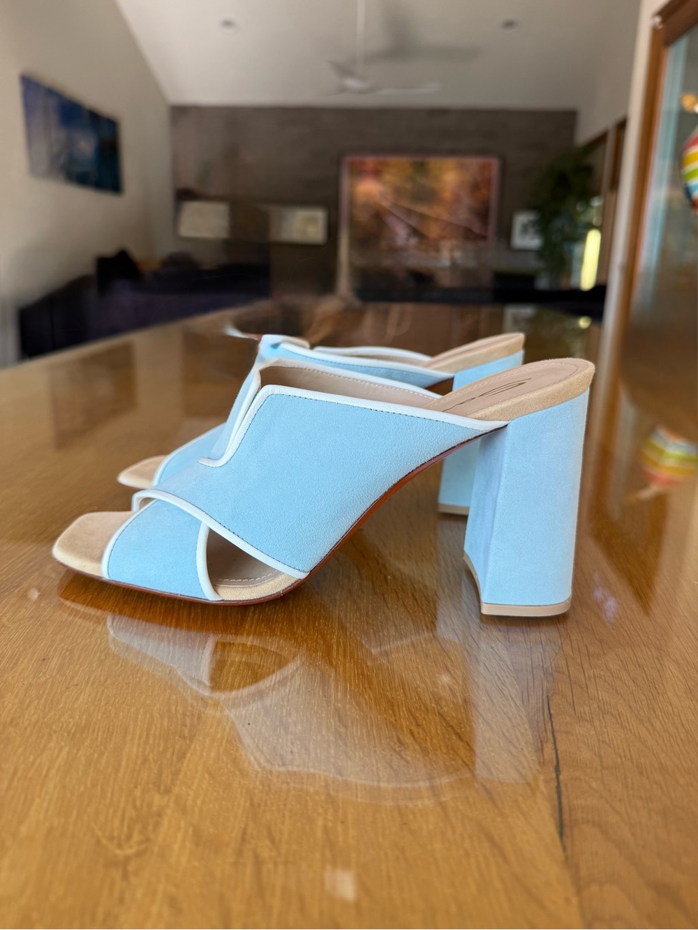 Santoni Light Blue Suede Open-Toe Block Heel Mules with White Trim - Picture 5 of 7